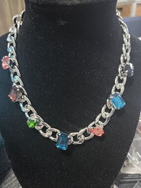 234# Paparazzi Silver-Tone Chain Necklace with Blue, Green, Pink & Purple Stones